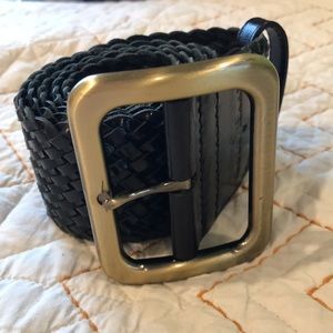 COLE HAAN | Black Leather Wide Woven Belt Gold Hardware Medium Made in India